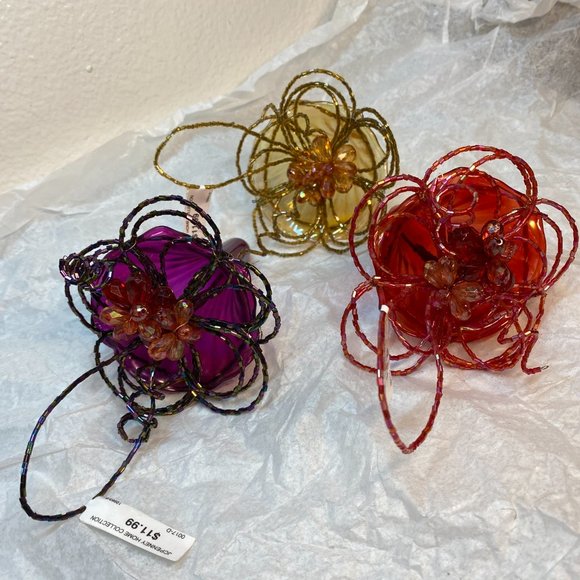 Christmas Ornaments Glass Lily W Beaded Color Purple Red Gold Set of 3 NWT - Picture 14 of 14